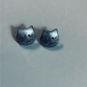 Happy Cat Face Pewter Pierced Stud Earrings - Vintage